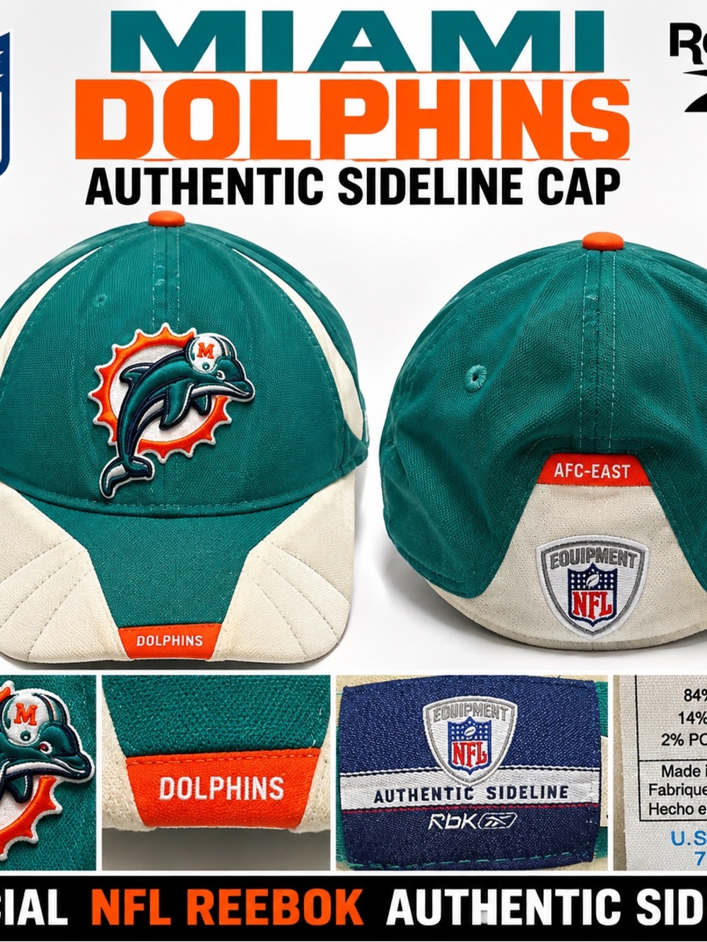 Miami Dolphins Reebok NFL Authentic Sideline Hat Cap AFC East Aqua Orange